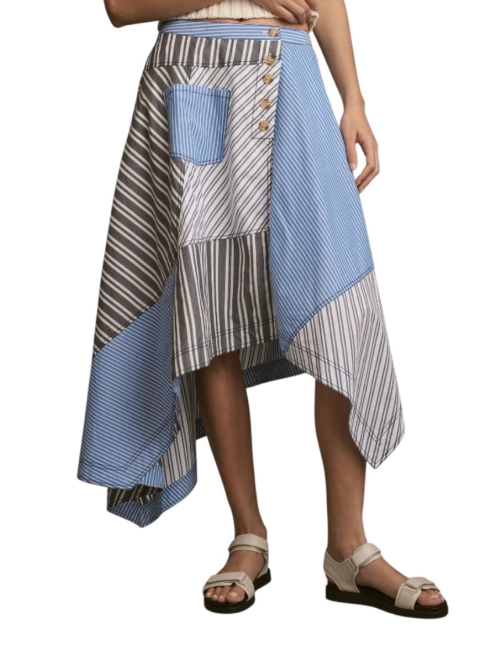ANTHROPOLOGIE PILCRO I Skirt Reworked Asymmetrical Midi Blue White Size Medium - Picture 15 of 15